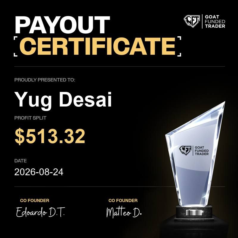 Goat Funded Trader payout certificate for YugFX, $513.32, 24 Aug 2026