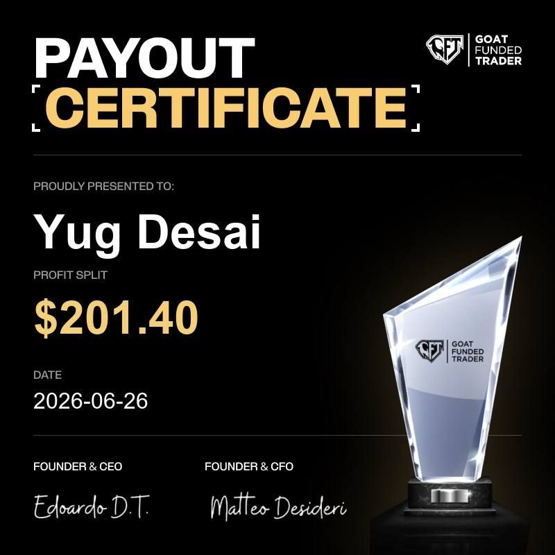 Goat Funded Trader payout certificate for YugFX, $201.40, 26 Jun 2026